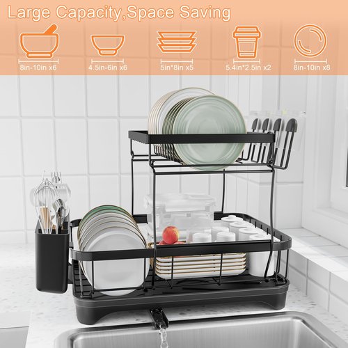 HOMEBOSILY Dish Drying Rack Two-Tier Drying Rack with Utensil Holder, Auto-Draining Dish Rack for Kitchen Counter, Large Capacity for Plates, Bowls, Cups, Dish Drainer with Drainboard, Black