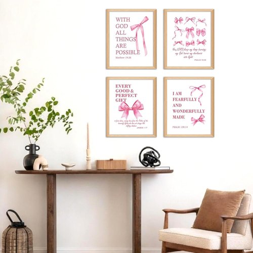 Hapons Coquette Pink Bow Wall Art Decor | Inspirational Bible Verses for Teen Girls' Rooms | 8"x10" Unframed Prints (4 PCS)
