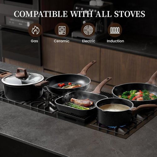 Kikcoin 16-Piece Non-Stick Ceramic Cookware Set - Induction-Compatible Kitchen Pots & Pans, Black