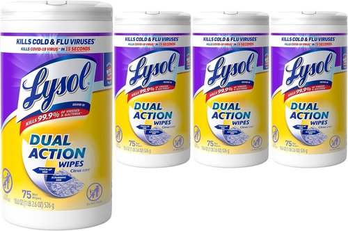 Lysol Dual Action Disinfectant Wipes - Multi-Surface Antibacterial Scrubbing Wipes | Citrus Scent, 75ct (Pack of 4)