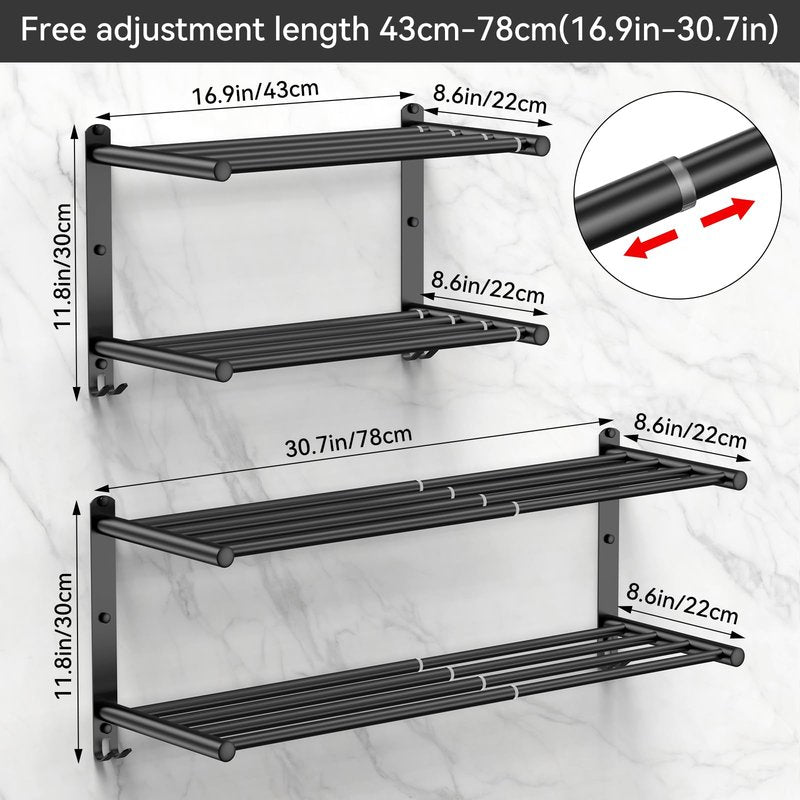 CAXIMSY Black Adjustable Towel Bar for Bathroom Wall Mount17-30.7inch Adhesive Shower Towel Rack Stainless Steel Bath Towel Holders for Toilet Kitchen Double Towel Hanger (Black Double Towel Rack)