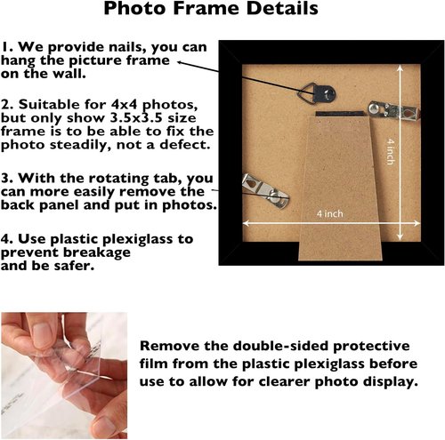 JCJMY 4x4 Black Picture Frame - Versatile Wall Hanging or Tabletop Display with Shatter-Resistant Plexiglass