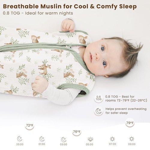 Konssy Muslin Baby Sleep Sack - 100% Cotton Wearable Blanket for Infants | 6-12 Months, 0.8 TOG, 2-Pack (Woodland, Sage)
