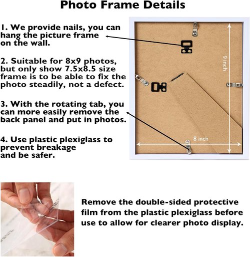 JCJMY 8x9 Picture Frame - White Wall Hanging & Tabletop Display | Shatter-Resistant Plexiglass