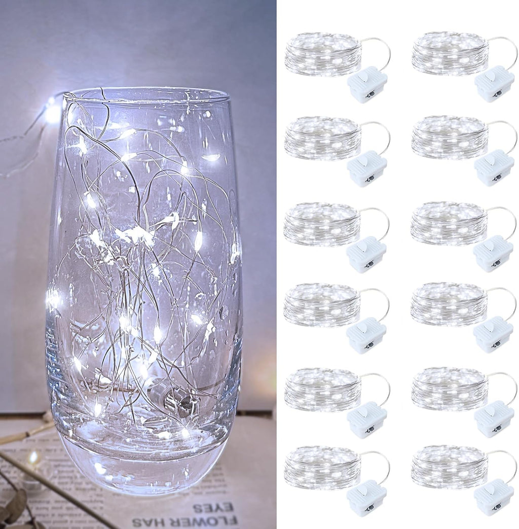 Skiennix 12 Pack LED Fairy Lights - Battery Operated Silver Wire, 7FT 20LED Waterproof Twinkle Lights for DIY Decor