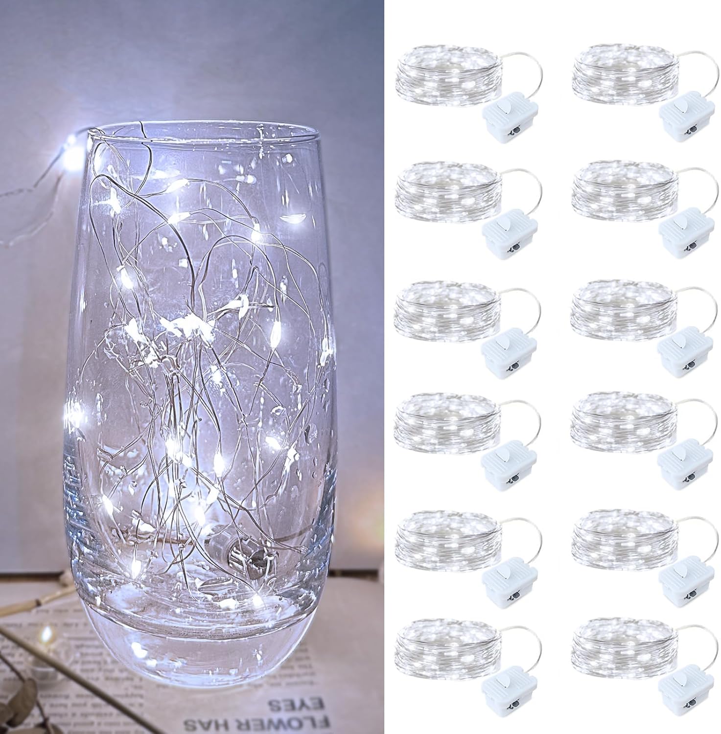 Skiennix 12 Pack LED Fairy Lights - Battery Operated Silver Wire, 7FT 20LED Waterproof Twinkle Lights for DIY Decor