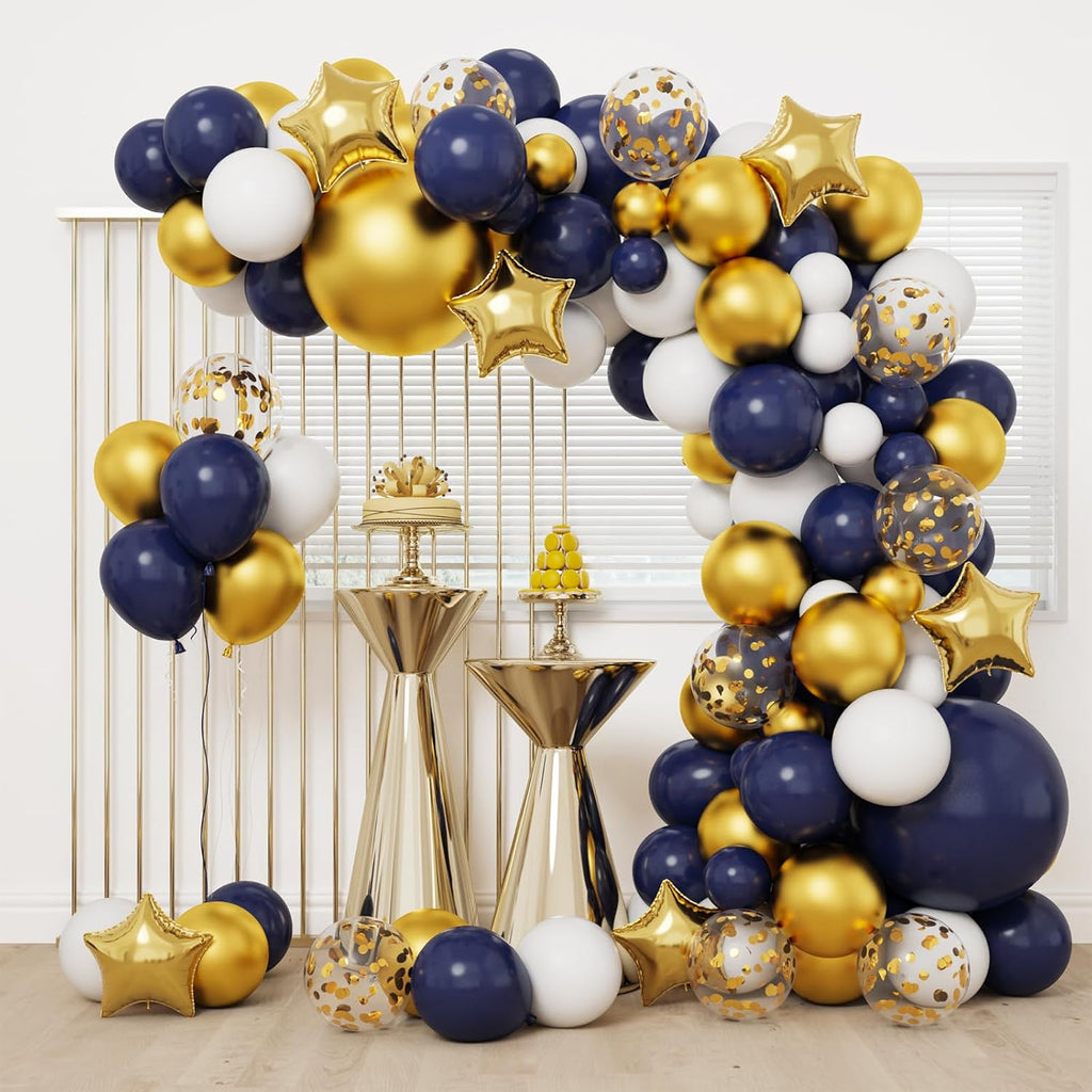 RUBFAC Balloon Garland Arch Kit - 167pcs Navy Blue, Gold & White Balloons with Confetti & Star Foil for Parties