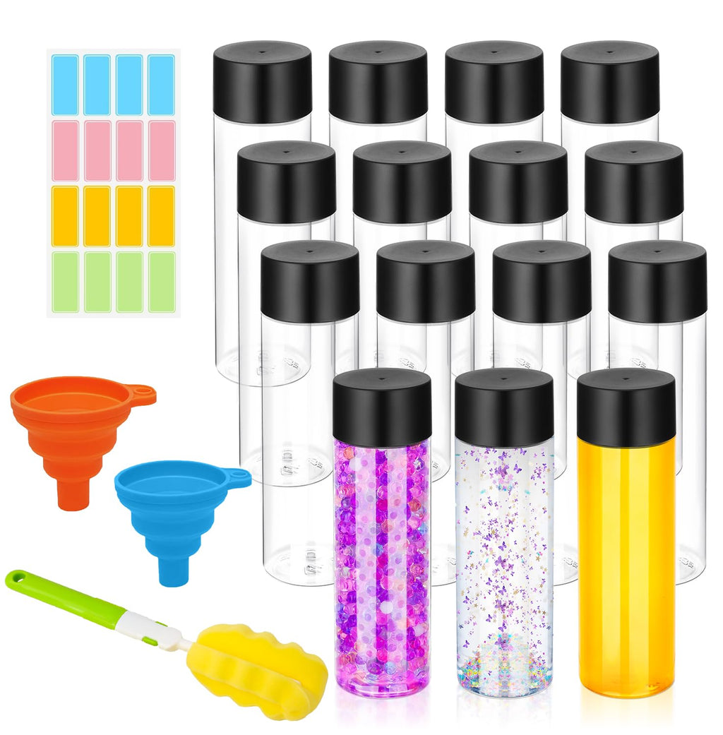 DI QIU REN 16 Pack Clear Plastic Bottles Empty Sensory Bottles with Caps – Reusable Juice Bottles Drink Containers Leakproof Water Bottle for Juice Milk (Black Lids, 13.5 oz / 400 ml)