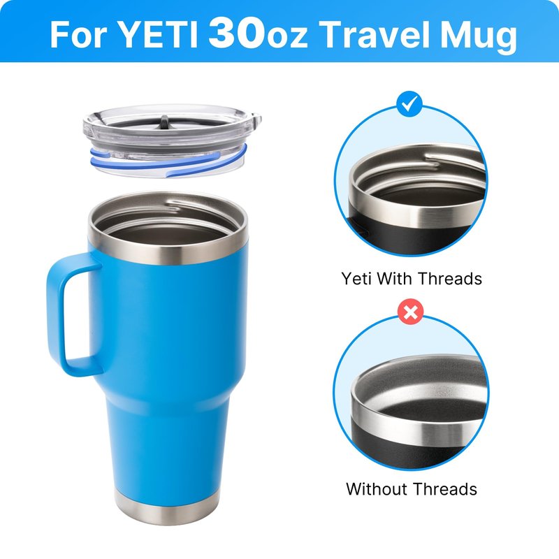 Bluwing 2 Pack 30 oz Replacement Stronghold Lid for YETI Rambler TraveI Mug with Threads Only, Spill Proof Screw Top Lid for YETI Threaded TraveI Mug