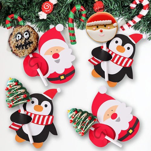 Christmas Lollipop Cards Santa Claus and Penguin Candy Holder, Sugar-Loaf Candy Gift Package Wrapping, Xmas Wedding Birthday Party Decorations, Candy Party Favors Greeting Cards for Kids (100PCS)