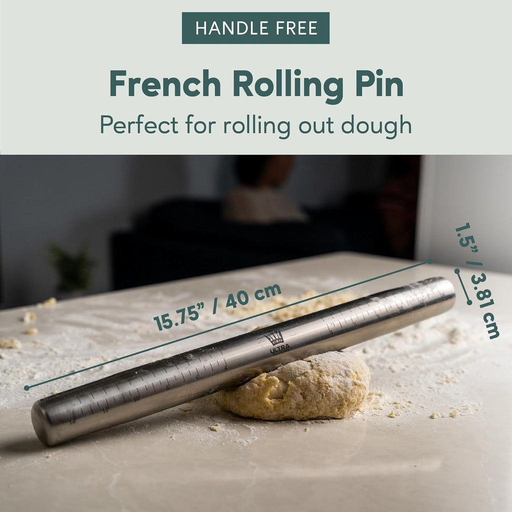 Ultra Cuisine French Rolling Pin - Tapered Stainless Steel Design for Baking | Professional & Home Use, Dishwasher-Safe