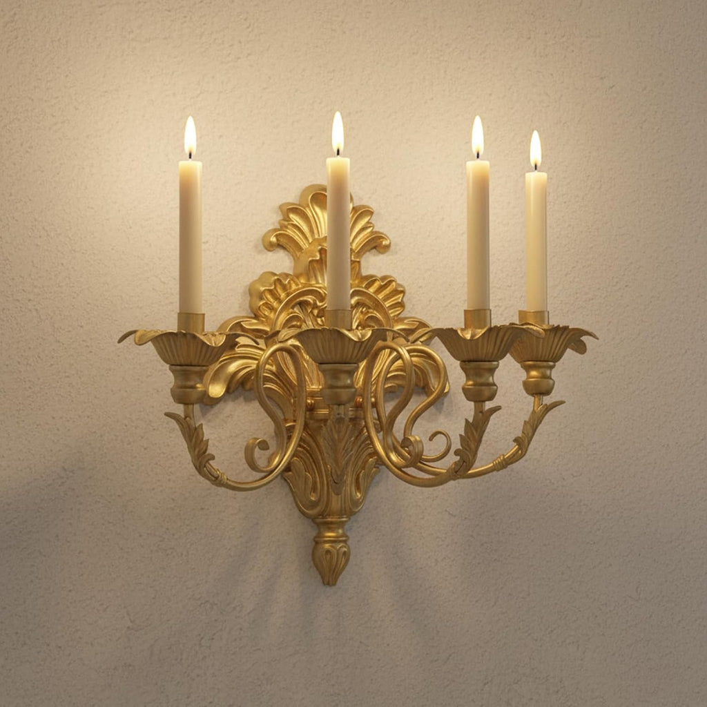 Roman - Fountain Wall Sconce | 4-Candle Gold Baroque Candelabra - Antique Metal Tapered Candle Holder for Victorian Decor
