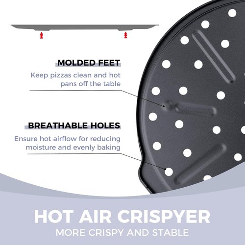 HONGBAKE 12-Inch Nonstick Pizza Pan - 2 Pack with Holes & Widened Handles for Perfect Crusts | Grey