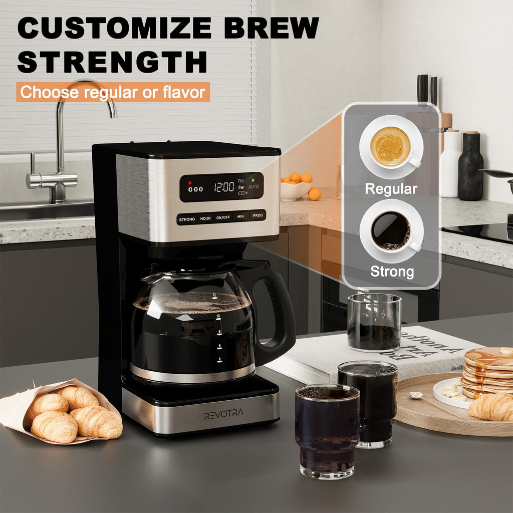REVOTRA 12-Cup Programmable Coffee Maker, Regular & Strong Brew Drip Coffee Machine, 1-4 Cup and Ice Coffee Setting, 24H Timer, Auto Shut-Off, Keep Warm, Pause & Serve