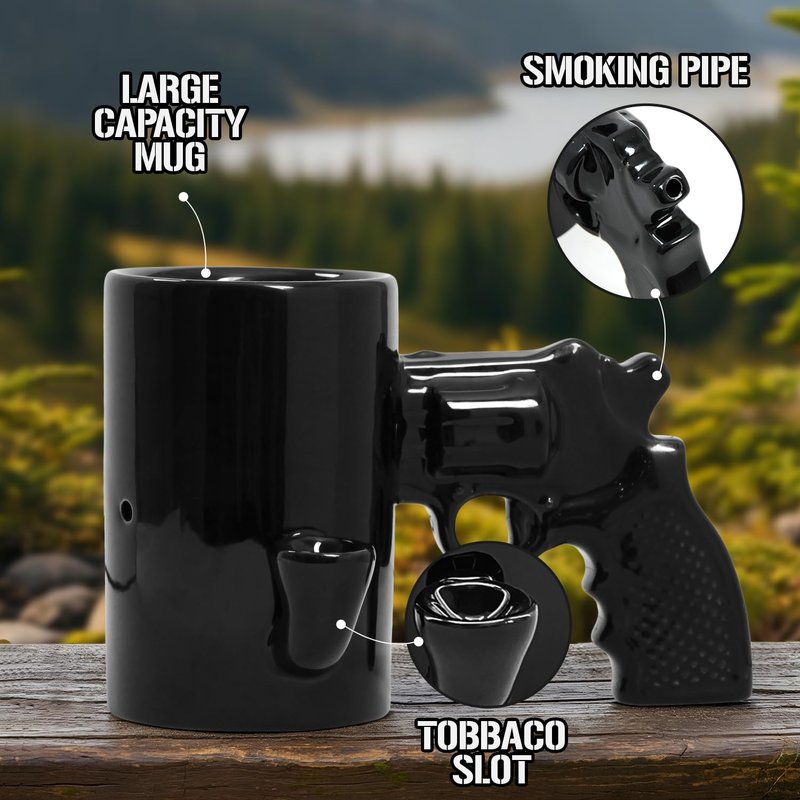 Gun Coffee Mug for Men, Unique Ceramic Wake and Bake Coffee Mug Featuring a Built in Smoke Pipe, Perfect Cup for Who Want Something Functional, Funny and Unforgettable