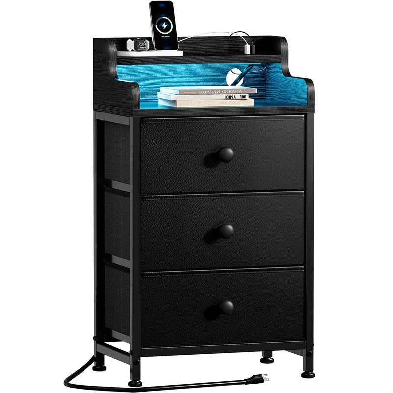 REAHOME Nightstand with Charging Station, Tall White Night Stand with 3 Drawers and 2-Tier Shelf, Bedside Table with Sturdy Steel Frame Wood Top for Bedroom, Living Room, Hallway-Black