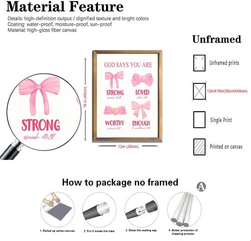 JBZDD Christian Pink Bow Wall Art - Set of 3 Unframed Inspirational Bible Verse Prints | 12x16in for Girls' Room Decor