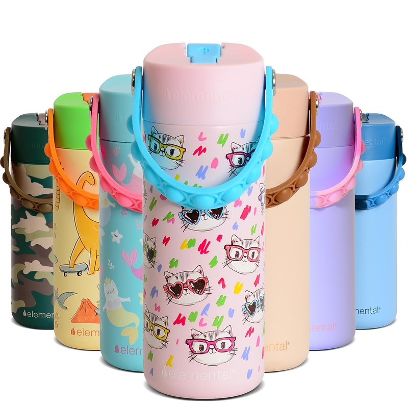 Elemental Insulated Kids Water Bottle, Stainless Steel Water Bottle with Straw Lid & Pop-It Handle, Leak-Proof Water Bottles for School, Boys or Girls, Travelling and Sports, 18oz - Stylish Cat