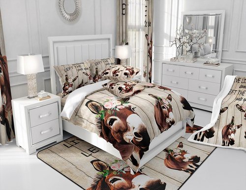Manfei Donkey Comforter Set Full Size, Floral Animal Theme Quilt Set with 2 Pillowcases, Rustic Farmhouse Bedding Set 3pcs for Kids Boys Girls Bedroom Decor Grey Wooden Board Duvet Insert