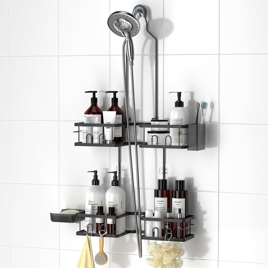 Reinhardt Adjustable Shower Caddy - Rustproof Organizer for Handheld Showerheads | Black with Hooks & Soap Holder