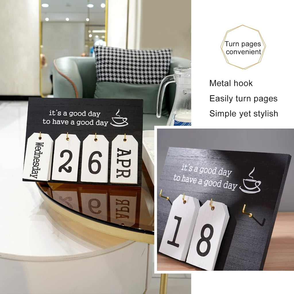 Notakia Perpetual Flip Calendar - Vintage Wooden Desk Calendar with Month & Day Display | Black Flip Design