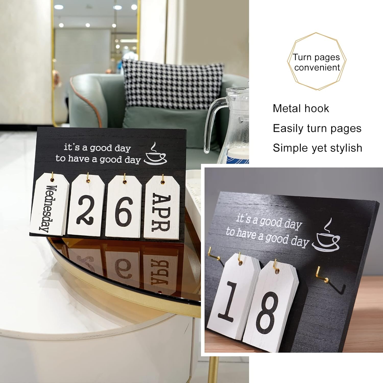 Notakia Perpetual Flip Calendar - Vintage Wooden Desk Calendar with Month & Day Display | Black Flip Design