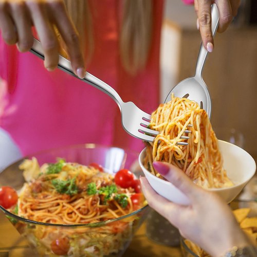 LIANYU 6 Pack Serving Spoons and Forks Set, 8.6 Inch Stainless Steel Metal Serving Utensils for Buffet Catering Banquet, Dishwasher Safe