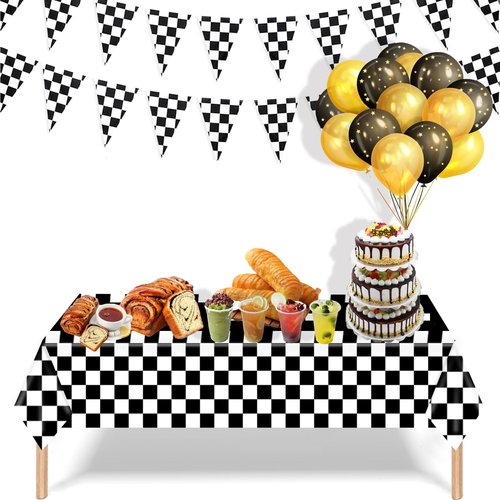 Kesfey 8 Packs Racing Car Plastic Tablecloths 54 x 108 Inch Race Car Birthday Party Supplies Race Track Table Cloth Racing Decoration Road Black Checkered Flag Tablecover for Monster Jam Boy Car Theme