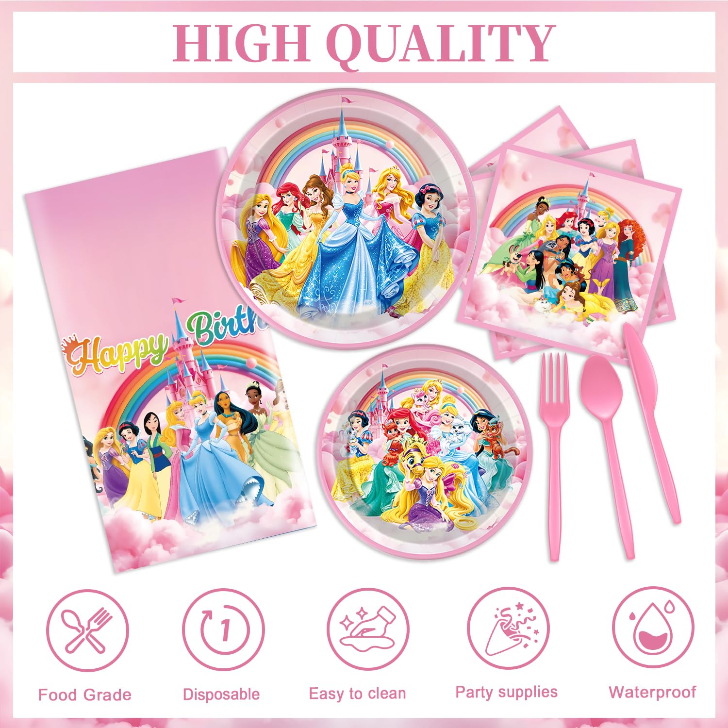 97 Pcs Princess Birthday Party Decorations, Princess Plates and Napkins Tableware for Party, Prin cess Decor Supplies Set for Girl Birthday Flower Fairytale Dinnerware Serve 16 Guests