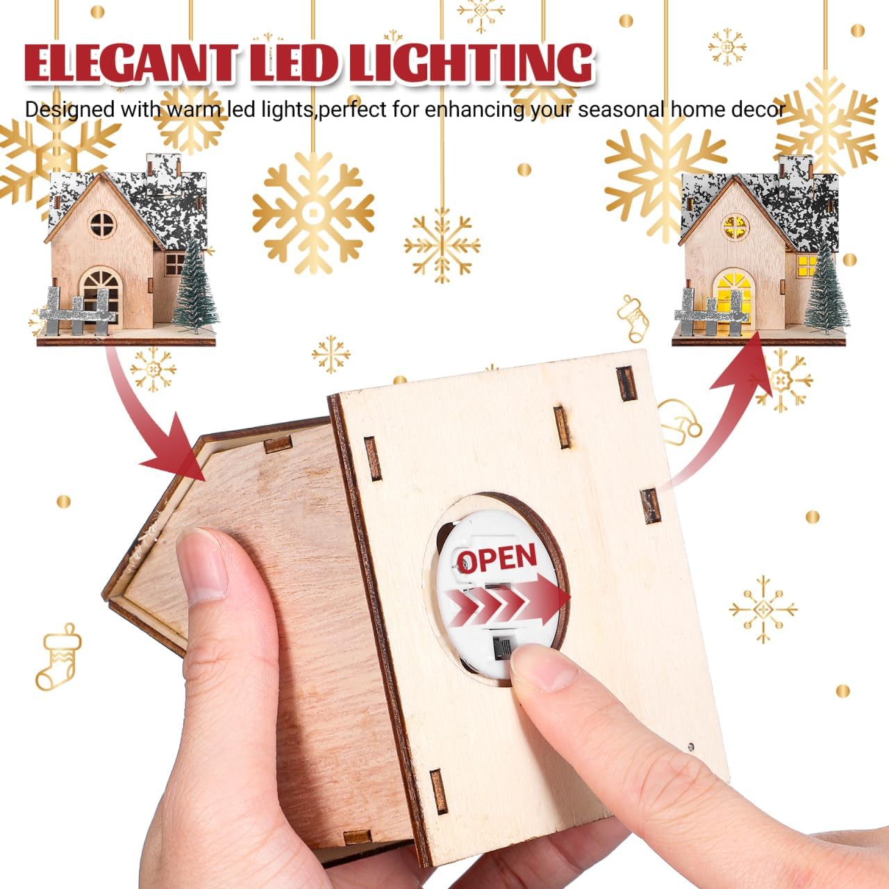Toyvian Christmas Village Houses Decor - 3 Pcs Glowing Wooden Cabin Set with Lights for Holiday Centerpieces