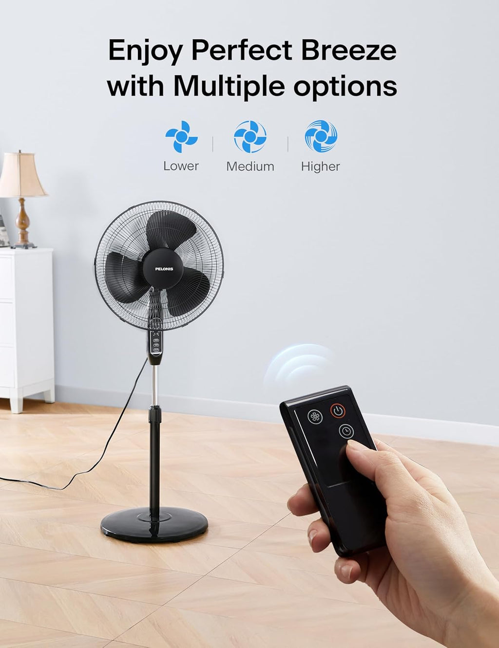 Pelonis 16'' Pedestal Fan - Remote-Controlled, 90° Oscillation, 3 Speeds, Adjustable Height | Ideal for Bedroom, Living Room & Office