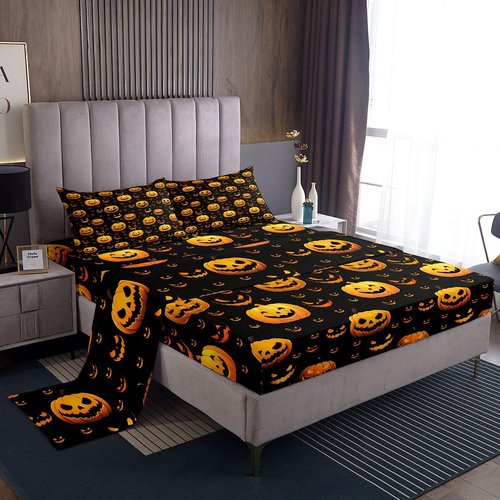 Feelyou Funny Pumpkin Bed Set Cute Halloween Bed Sheets for Kids Boys Girls Children Orange Black Sheet Set Cartoon Festival Decor Sheets with 2 Pillowcases 4Pcs Bedding Full
