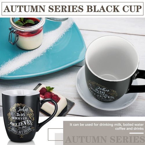 Jinei 4 Pcs Christian Coffee Mugs Set Black Stoneware Bible Coffee Mugs for Men Women Religious Inspirational Motivational Encouragement Gifts, 12 oz