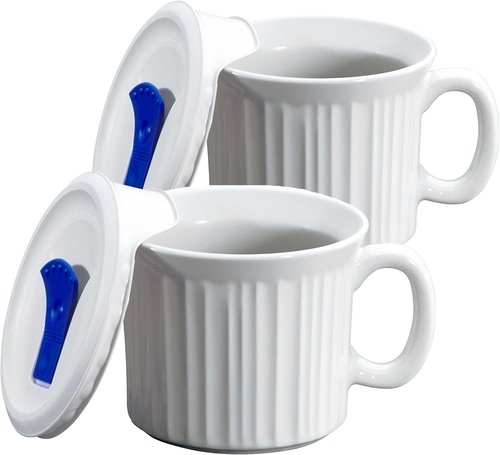 CorningWare 20oz Ceramic Meal Mugs - 2-Pack with BPA-Free Vented Lids | French White Design