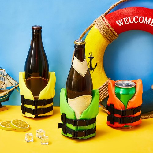 Rtteri 6 Pcs Life Vest Bottle Cooler Life Preserver Can Cover Beverage Jacket Cup Holder Wine Beer Drink Coat for Gift Holiday Vacation Beach Party(Orange, Yellow and Fluorescent Green)