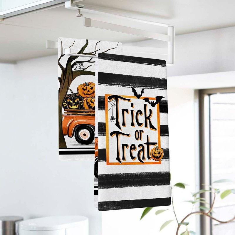 Seliem Halloween Trick or Treat Kitchen Dish Towels Set of 2, Jack O Lantern Pumpkin Truck Hand Towels Stripes Drying Baking Cooking Cloth, Spooky Bat Holiday Funny Home Kitchen Decor 18x26 Inch