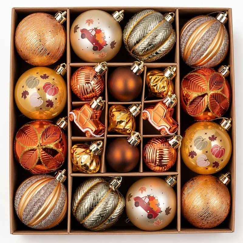 DecorbyHannah 21ct Gold Orange Fall Ornaments Set – Autumn Harvest Christmas Tree Decoration (Large / Autumn Glow)