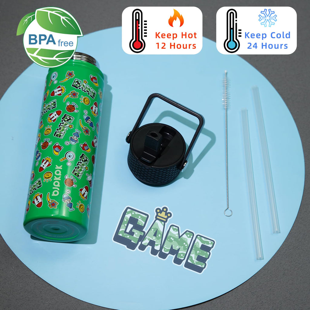 BJPKPK Insulated Water Bottle with Straw Lid, 22 oz Stainless Steel Metal Water Bottles, Reusable Leak Proof BPA Free Water Bottles, Cups, Thermo, Game