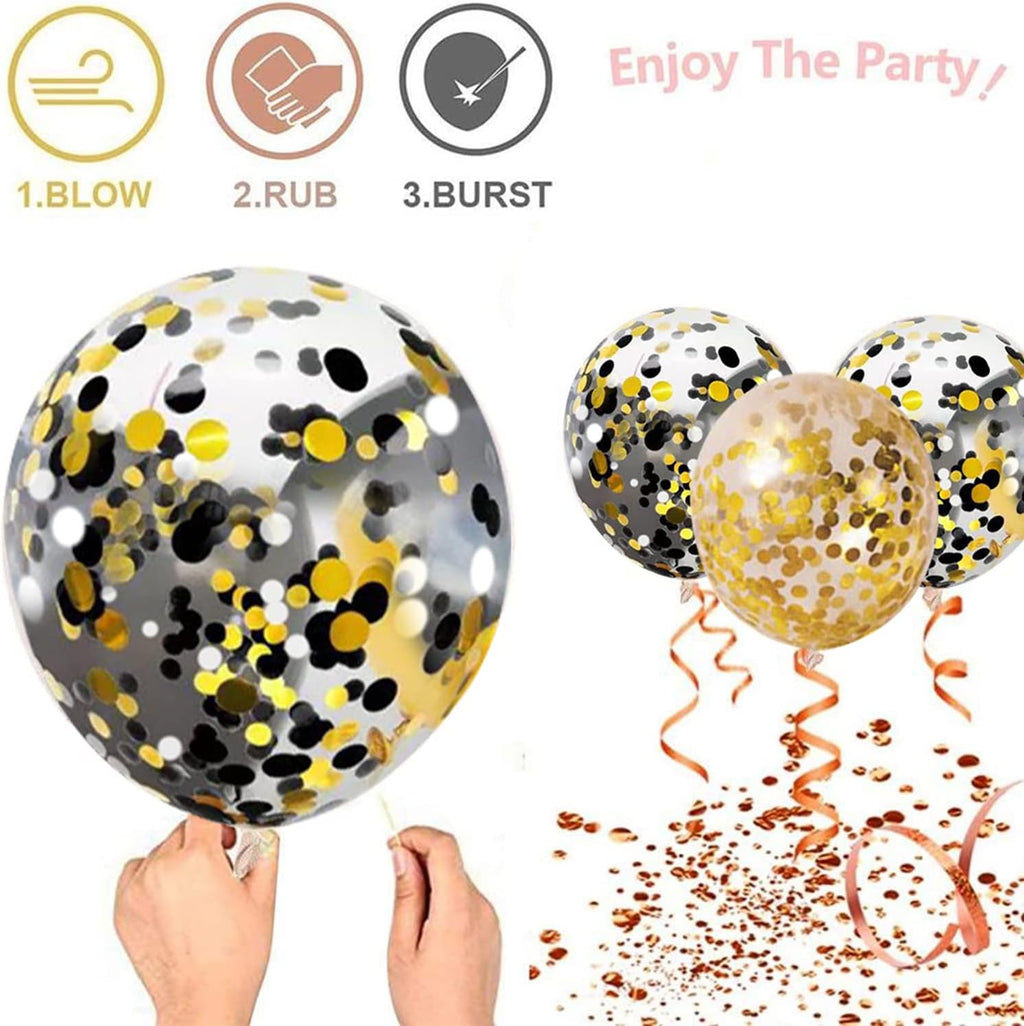 Zesliwy Black Gold Confetti Balloons - 50 Pack of 12-Inch Gold, White & Black Balloons for Celebrations