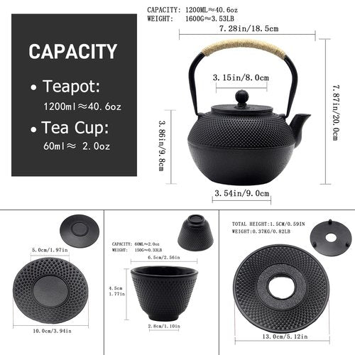 YJX 40.6 fl oz Cast Iron Teapot Set, Japanese Tetsubin Tea Set with Cast Iron Teacups, Small Tea Kettle Set with Strainer for Loose Tea, Enameled Interior (1200ml Tea Set with Cups and Saucers)