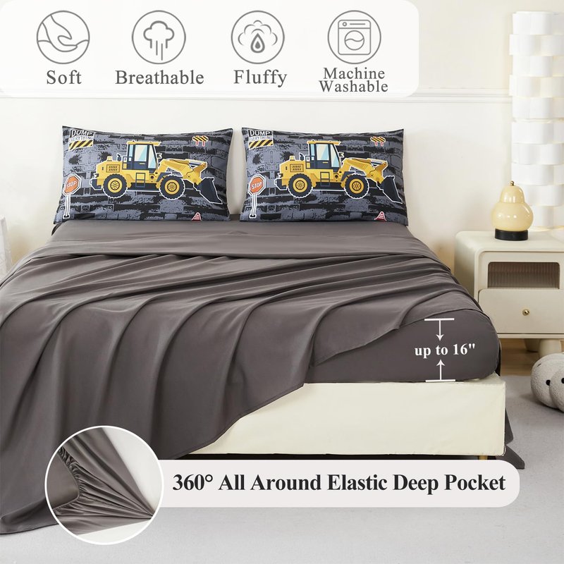 ZSYAYAHA 5 Pieces Kids Comforter Sets for Boys Queen Size Cartoon Cars Bedding Set Excavator Tractor Truck Vehicle Bed in A Bag Reversible Truck Boys Bed Set with Comforter(Gray Cars, Queen)
