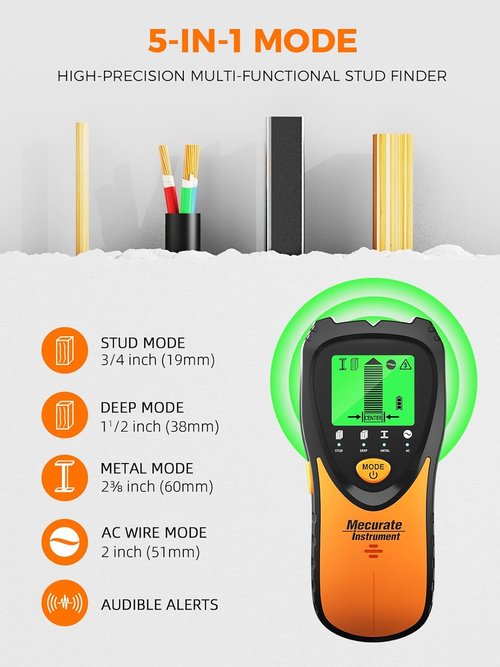 Mecurate Stud Finder - 5-in-1 Wall Scanner with LCD Display & Audio Alarm for Wood, Metal, AC Live Wire Detection