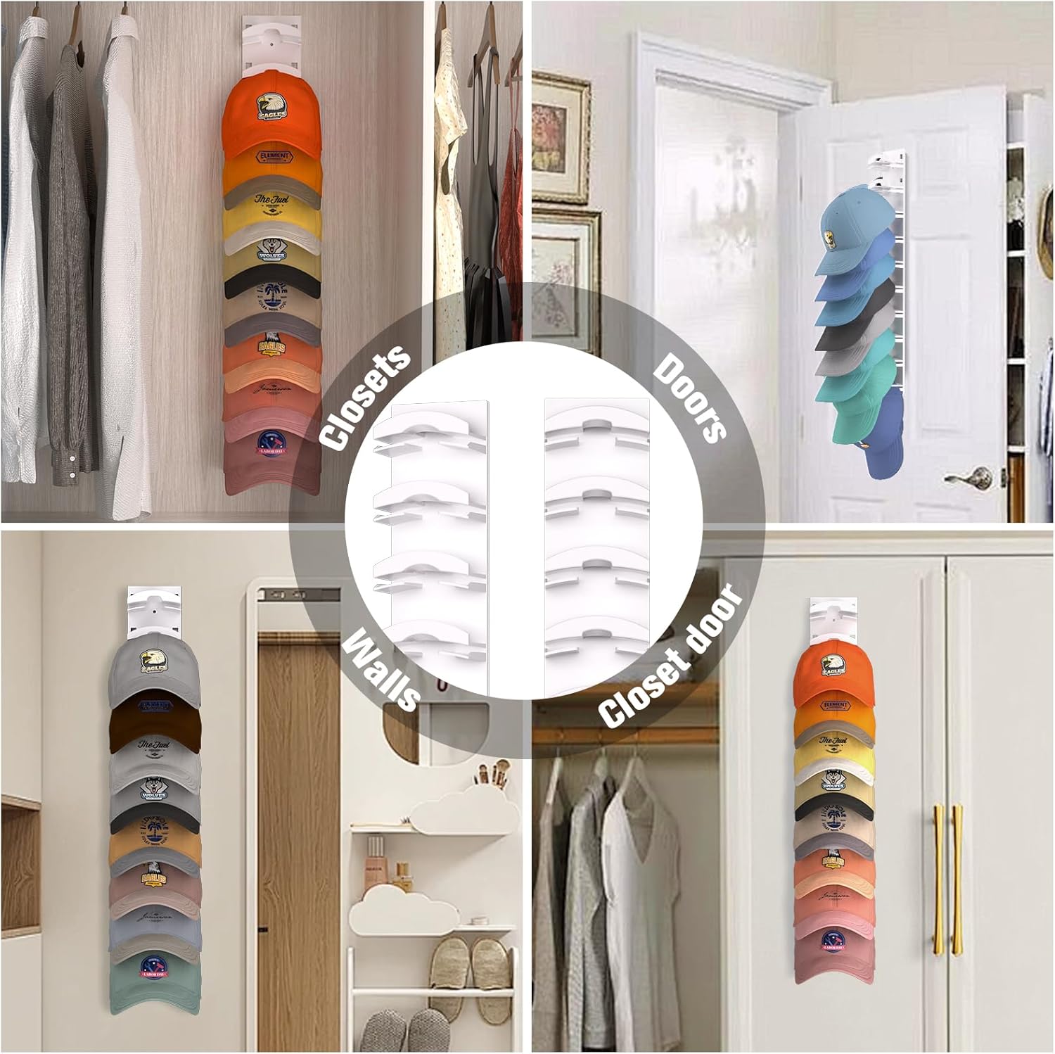 Skiennix Hat Organizer - Wall-Mounted Rack for Up to 40 Baseball Caps - Strong Adhesive, White