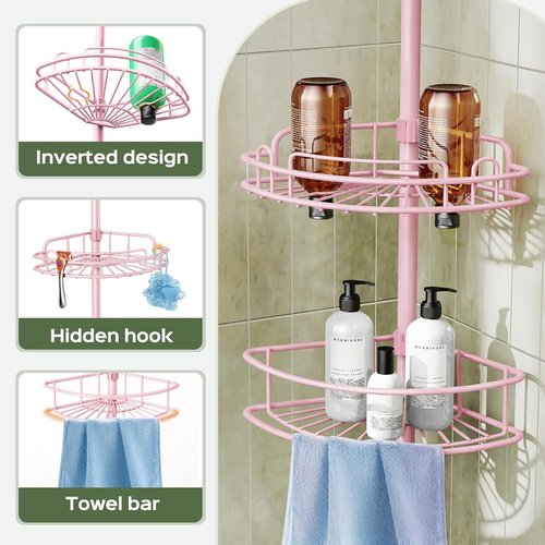 HAMITOR Corner Shower Caddy - 4-Tier Rust-Resistant Bathroom Organizer | Adjustable 47-121 Inch - Easy No-Drill Installation - Space-Saving Pink Shelves