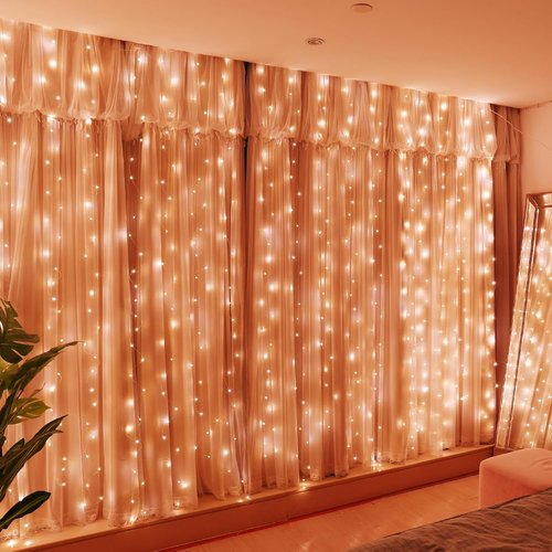 HXWEIYE 300LED Fairy Curtain Lights - 9.8x9.8Ft USB Plug-In with Remote | 8 Modes for Indoor Decor, Orange