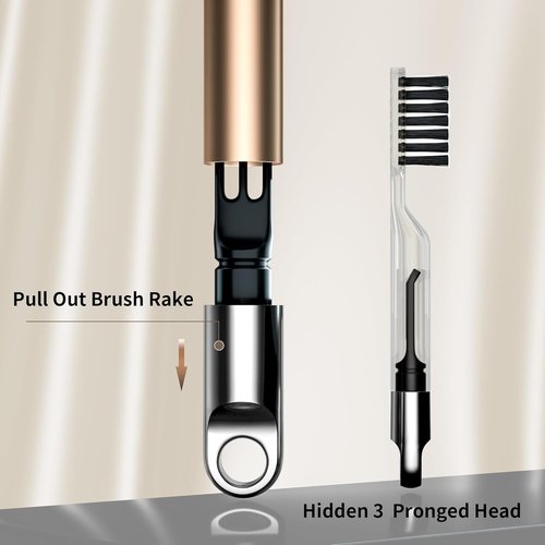 2 In 1 Hair Brush Cleaner by [Brand Name] - Nylon Bristles & 3-Pronged Rake for Easy Tangled Hair Removal - Compact Gold Design for Home & Travel