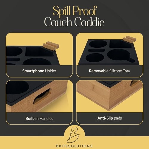 Bamboo Couch Cup Holder – 100% Wood Frame & Removable BPA-Free Silicone – Waterproof Anti-Spill Couch Tray & Couch Caddy for Bed, Sofa & Car Seat – Holds Snacks, Beverages & Remote