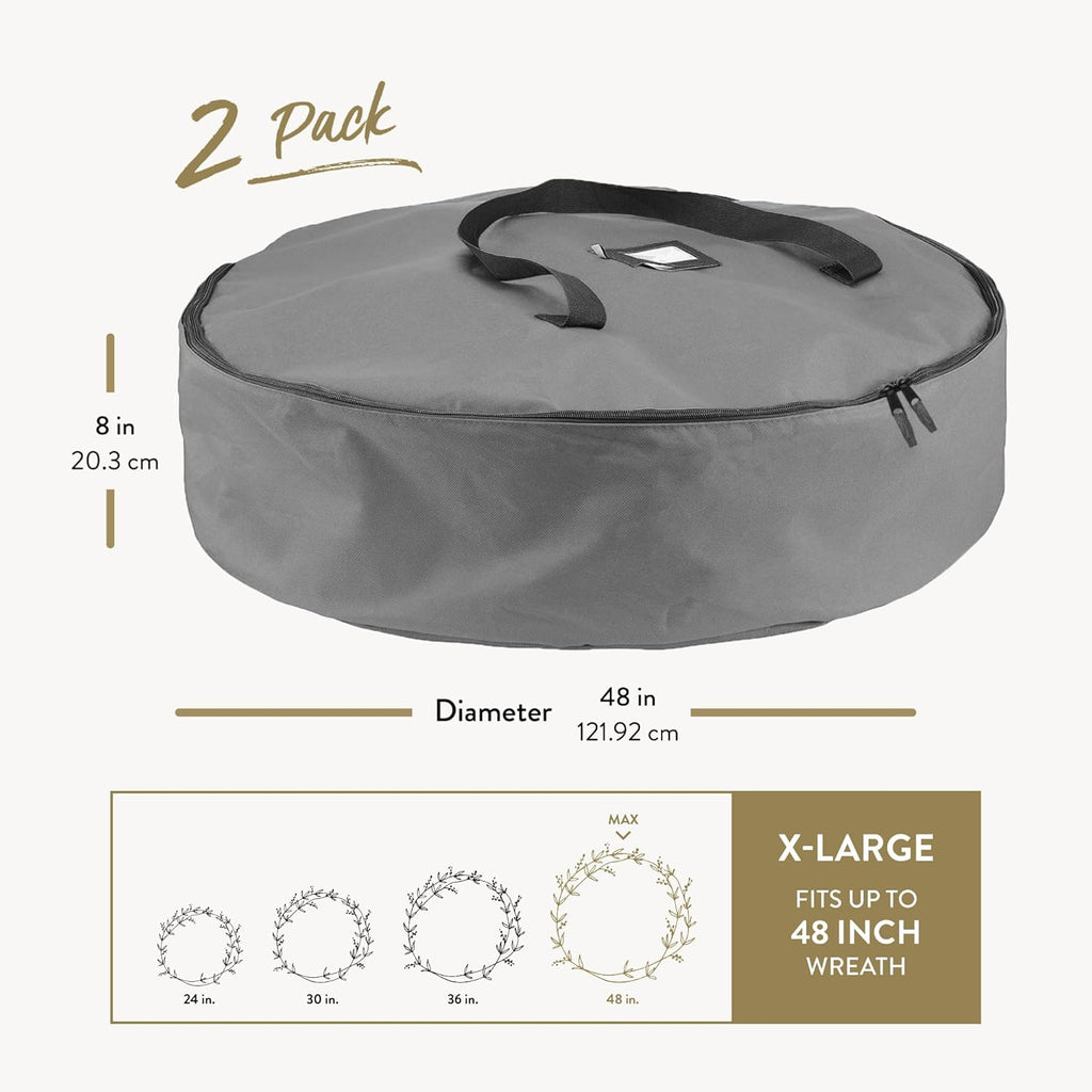 ZOBER 48-Inch Oxford Christmas Wreath Storage Container - Waterproof Dual-Zipper Bag with Durable Handles - Gray