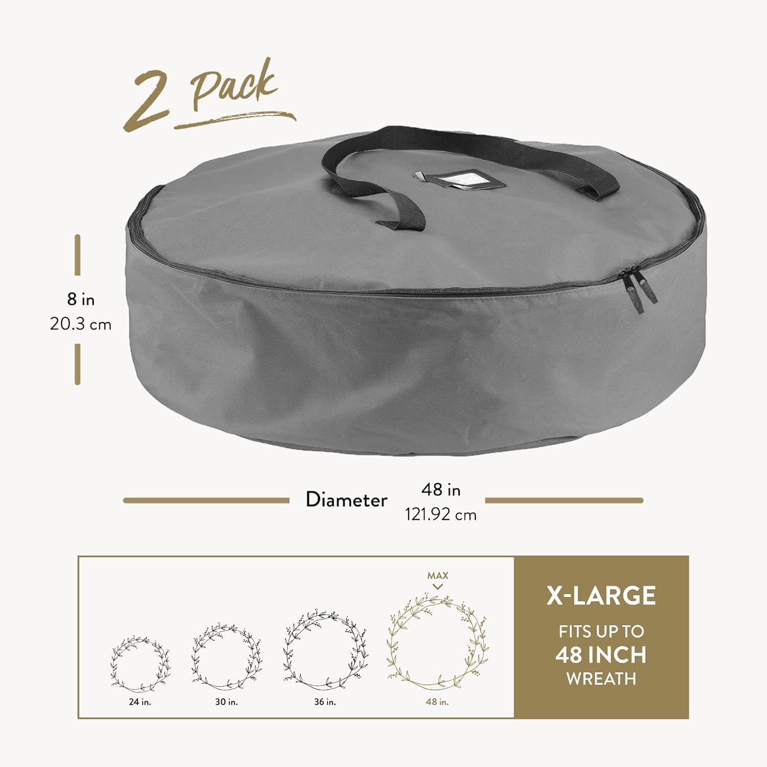 ZOBER 48-Inch Oxford Christmas Wreath Storage Container - Waterproof Dual-Zipper Bag with Durable Handles - Gray