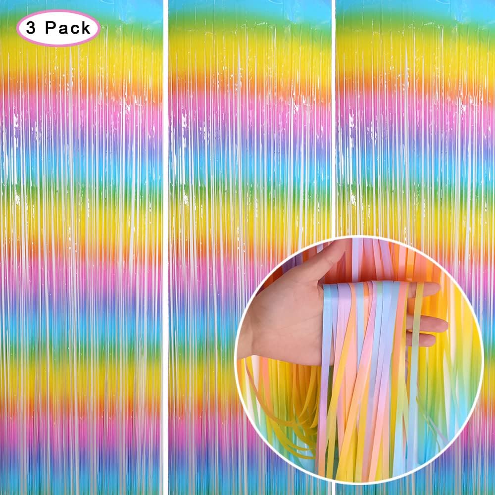 Skiennix Fringe Curtains - Tinsel Backdrop for Parties | 3 Pack Macaroon Rainbow Decorations